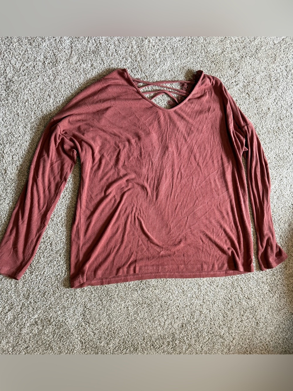Women's Long Sleeve V-Neck Ribbed Top - Rust orange